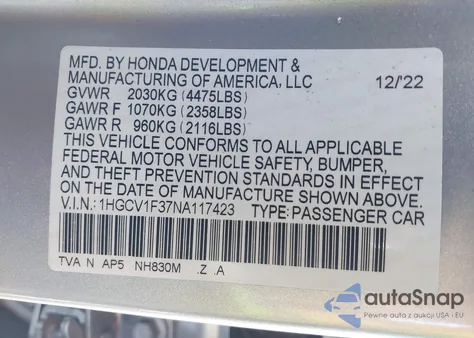 2022 Honda Accord Sport z USA, uszkodzony, nr VIN 1HGCV1F37NA117423